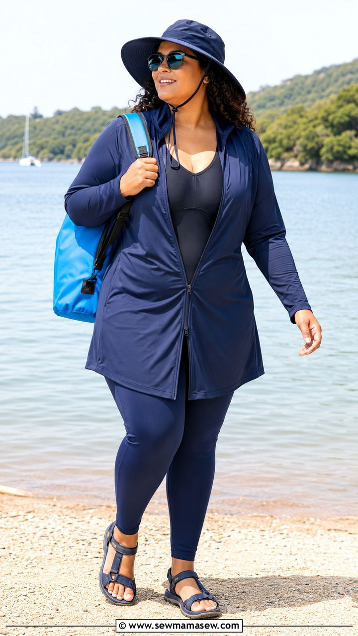 Plus Size Swim Leggings and Tunic Top Beach Outfit - 25 Plus size beach cover up outfit ideas