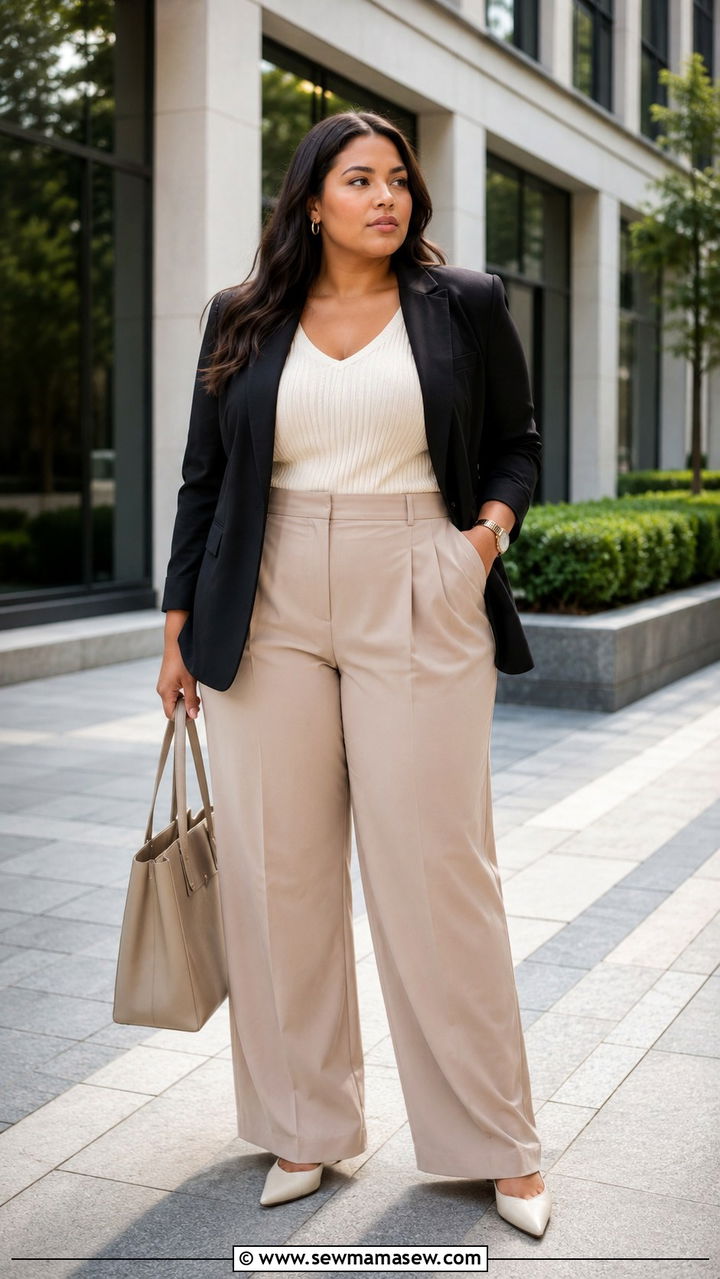 Plus Size Tailored Blazer and High Waisted Trousers - 30 Plus size modest outfit ideas