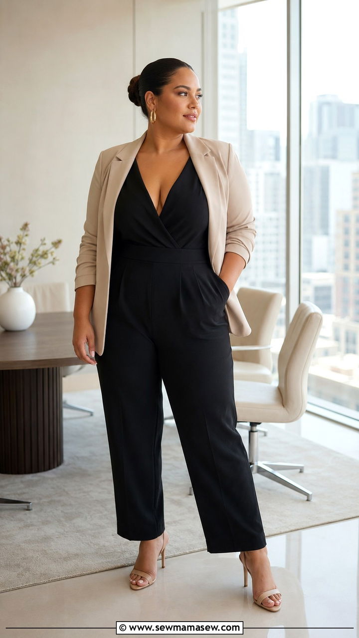 Plus Size Tailored Jumpsuit and Blazer Summer Work Outfit - 30 Plus size work outfit ideas summer