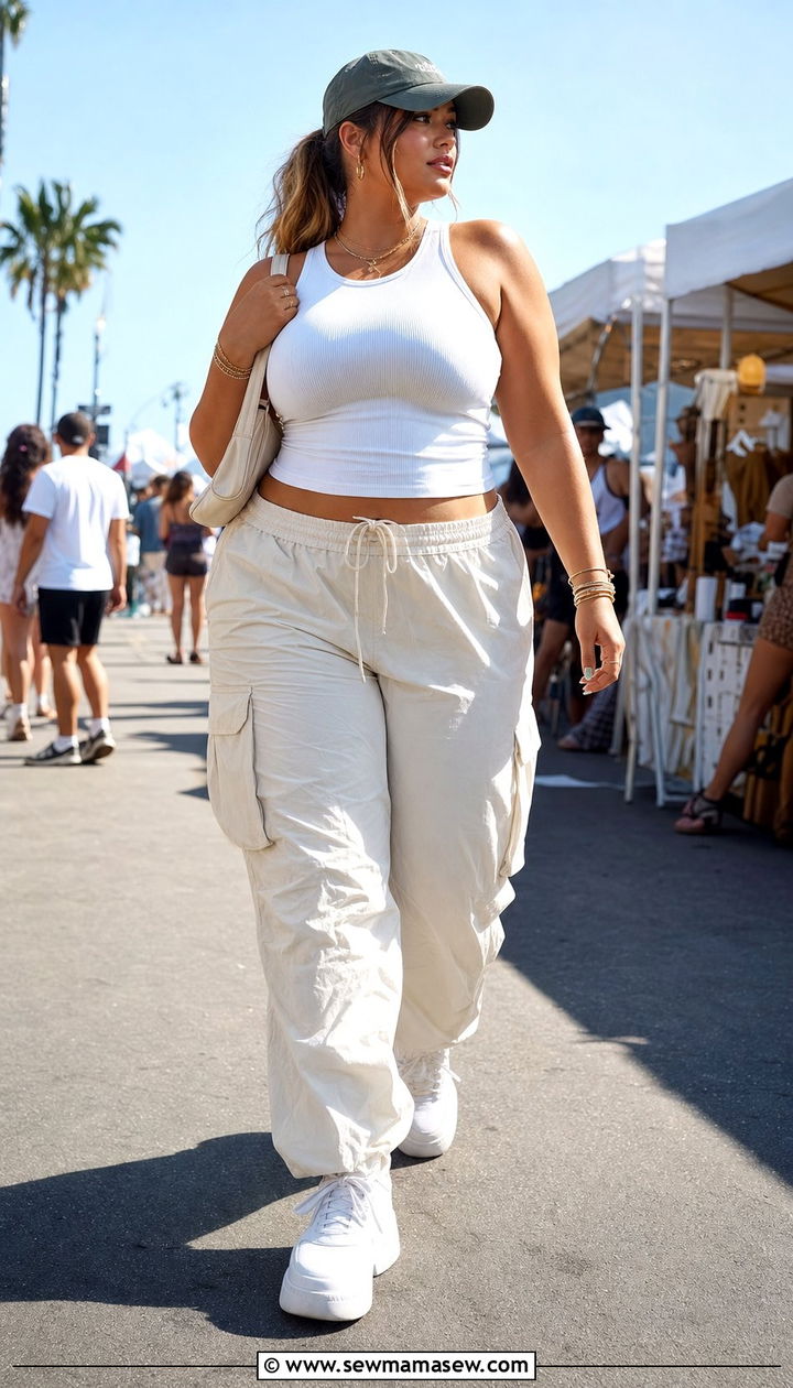 Plus Size Tank Top and Parachute Cargo Pants - 25 Sporty chic outfit ideas plus size