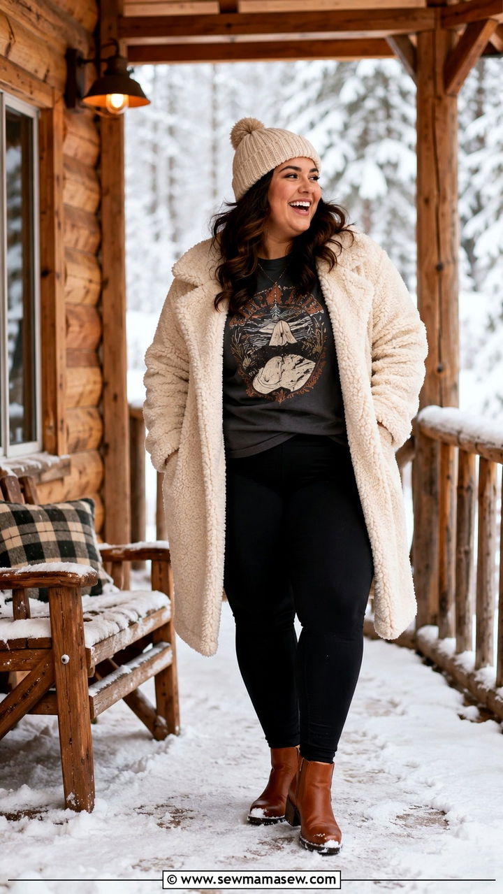 Plus Size Teddy Coat and Leggings Winter Photoshoot Outfit - 30 Plus size photoshoot outfit ideas