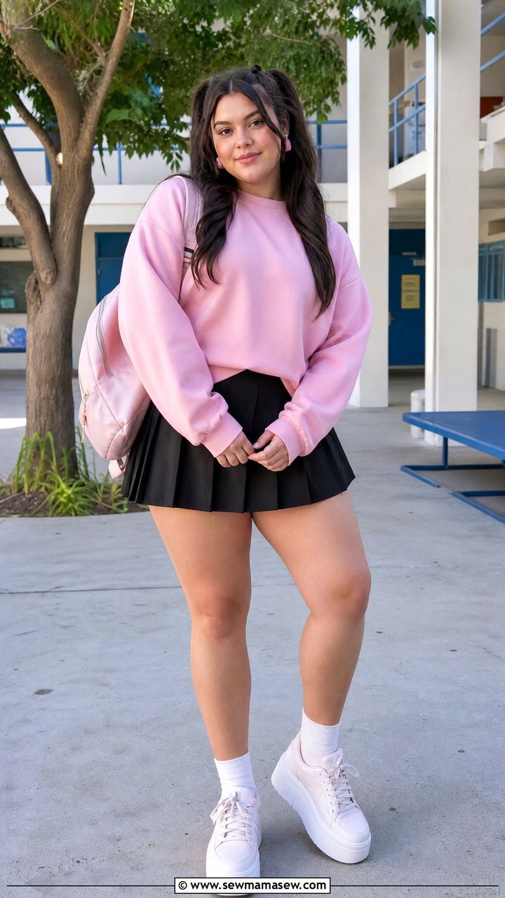 Plus Size Teen Sweatshirt and Pleated Skirt Outfit - 30 Plus size outfit ideas for teens