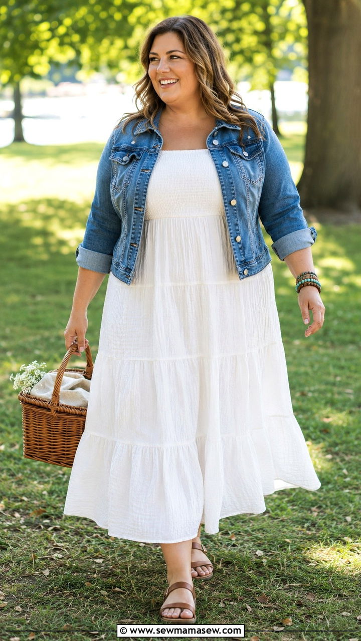 Plus Size Tiered Maxi Dress With Cropped Denim Jacket Outfit - 30 transitional plus size outfit ideas