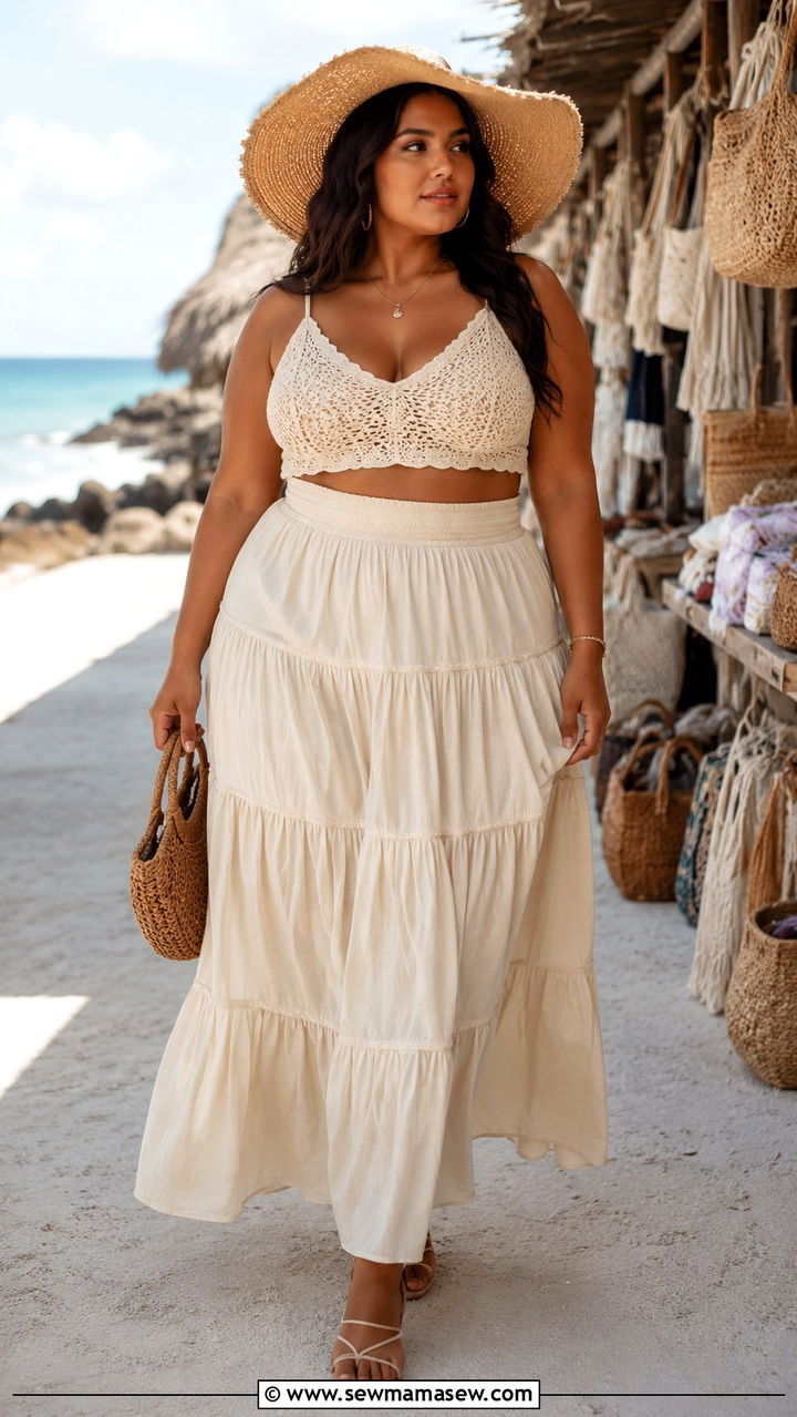 Plus Size Tiered Maxi Skirt and Crochet Crop Top Outfit - 30 Resort wear outfit ideas plus size