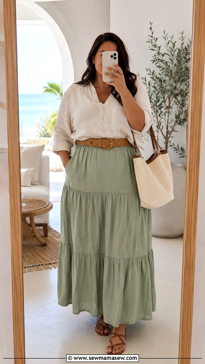 Plus Size Tiered Maxi Skirt with Tucked Linen Blouse - 30 Plus size modest outfit ideas