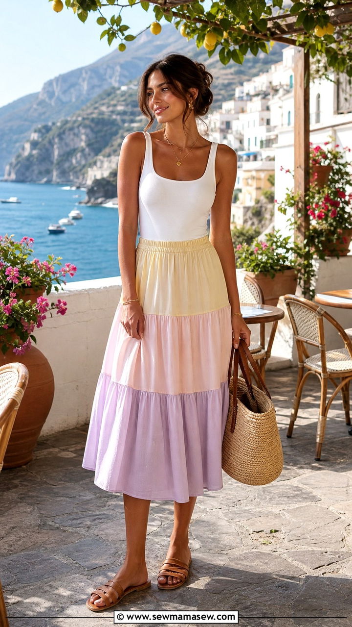 Plus Size Tiered Midi Skirt and Fitted Tank - 40 Italy outfit ideas