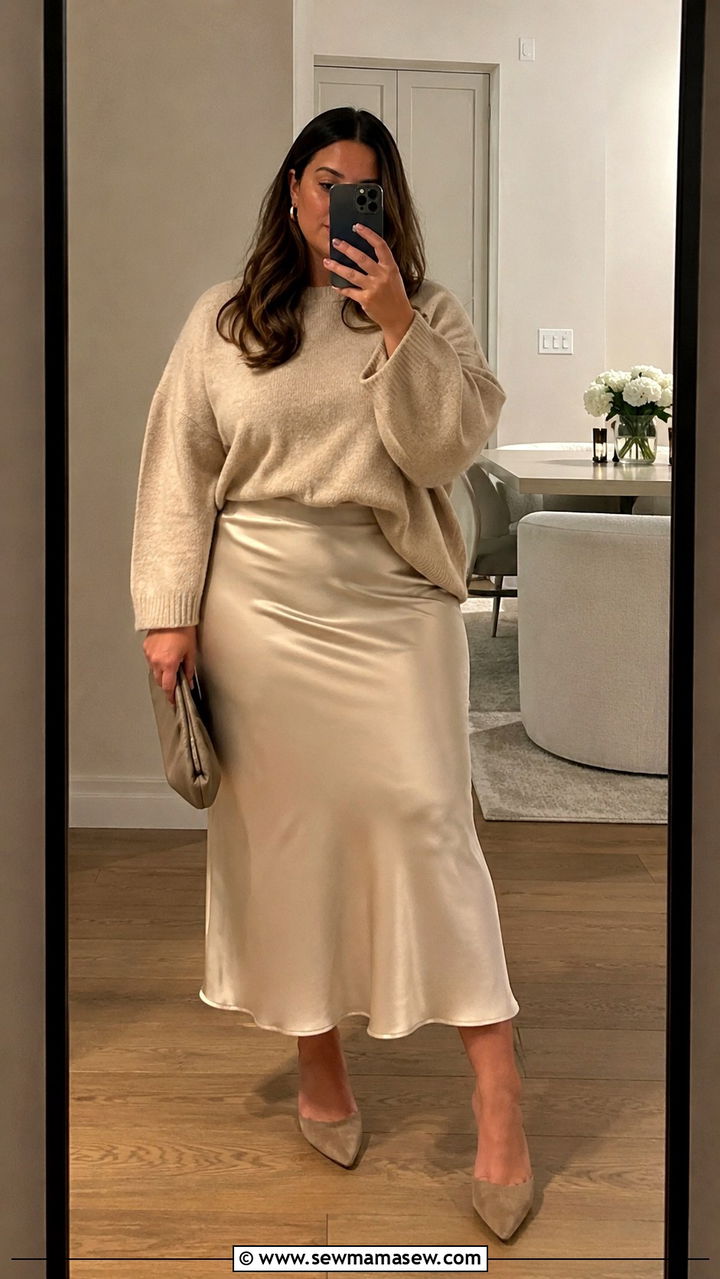 Plus Size Tonal Satin Midi Skirt and Oversized Sweater - 25 Plus size outfit ideas French girl