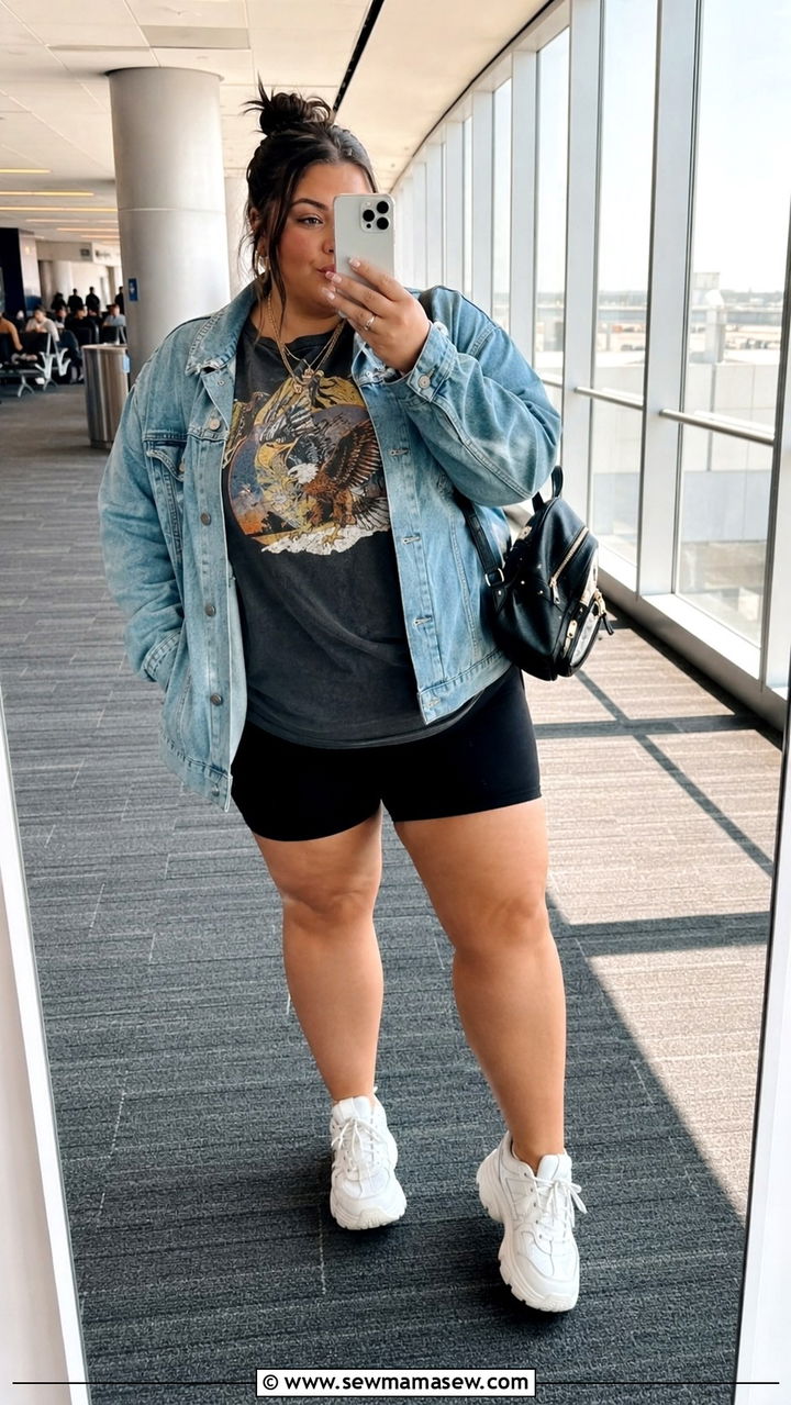 Plus Size Travel Outfit With Bike Shorts and Oversized Tee - 30 Travel outfit ideas plus size