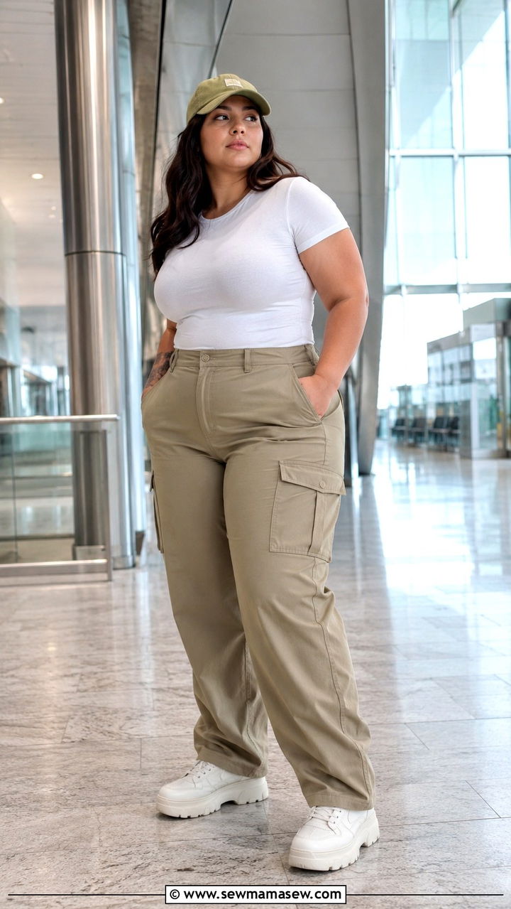 Plus Size Travel Outfit With Cargo Pants and Sneakers - 30 Travel outfit ideas plus size