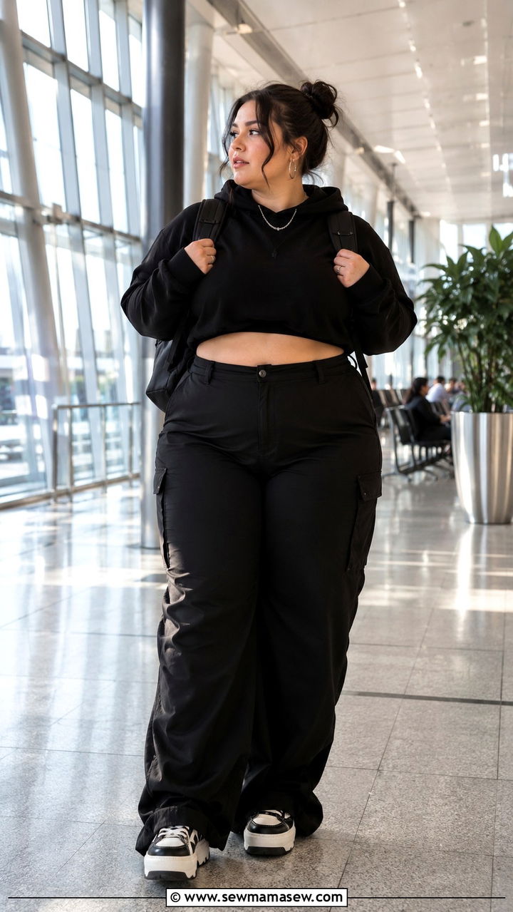 Plus Size Travel Outfit With Cropped Hoodie and High Waist Cargo Pants - 30 Travel outfit ideas plus size