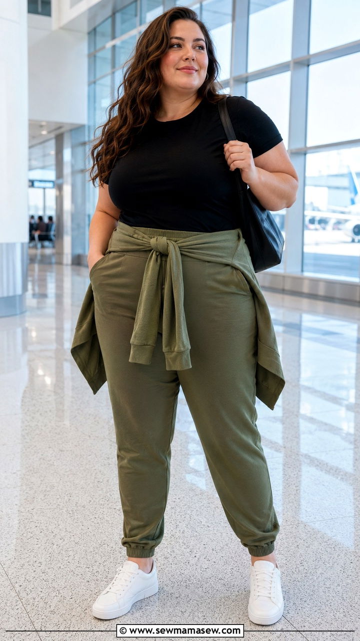Plus Size Travel Outfit With Joggers and Fitted Tee - 30 Travel outfit ideas plus size