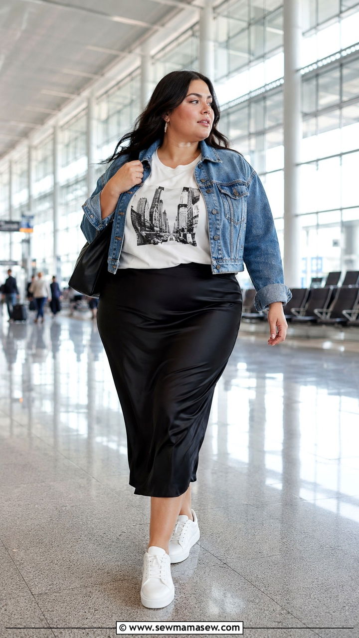 Plus Size Travel Outfit With Midi Skirt and Graphic Tee - 30 Travel outfit ideas plus size