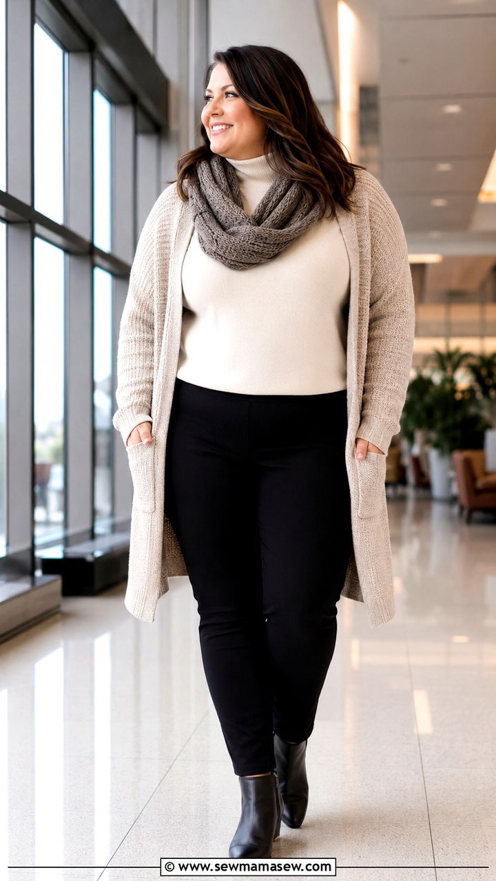 Plus Size Travel Outfit With Ponte Pants and Long Cardigan - 30 Travel outfit ideas plus size