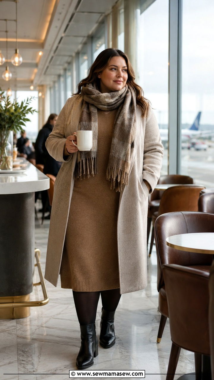 Plus Size Travel Outfit With Sweater Dress and Ankle Boots - 30 Travel outfit ideas plus size