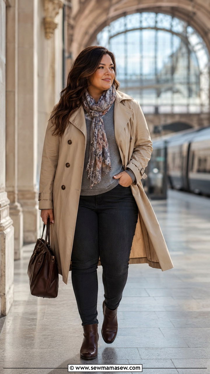 Plus Size Travel Outfit With Trench Coat and Lightweight Scarf - 30 Travel outfit ideas plus size