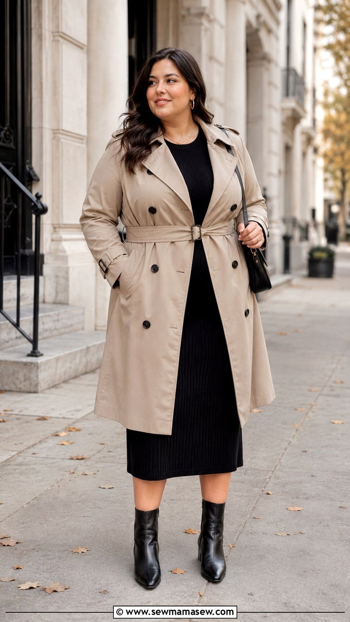 Plus Size Trench Coat Layered Over Midi Dress - 25 Plus size outfit ideas French girl