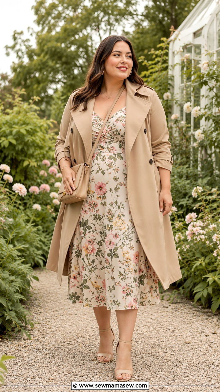 Plus Size Trench Coat Over Midi Dress - 30 Plus size outfit ideas with trench coat