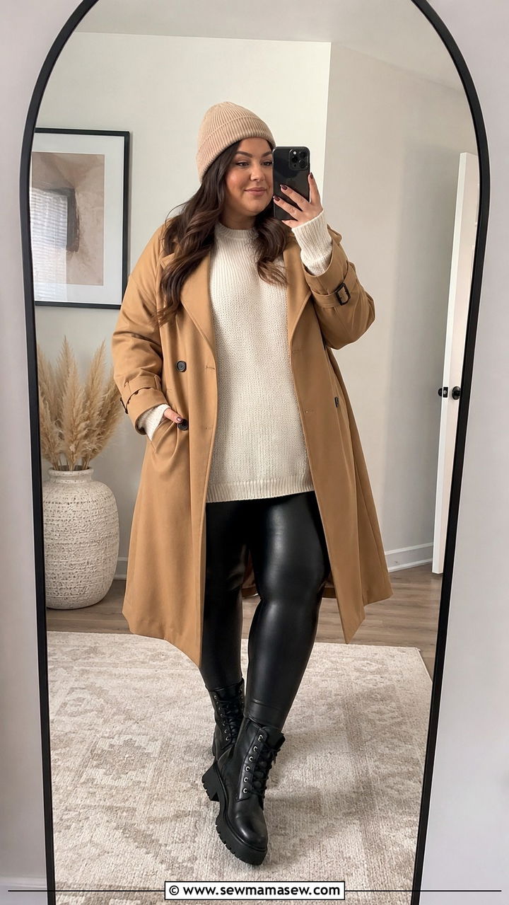 Plus Size Trench Coat With Faux Leather Leggings - 30 Plus size outfit ideas with trench coat