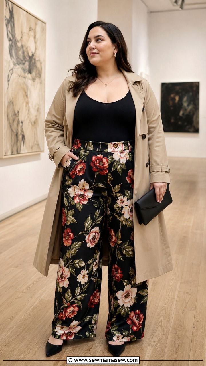 Plus Size Trench Coat With Printed Trousers - 30 Plus size outfit ideas with trench coat