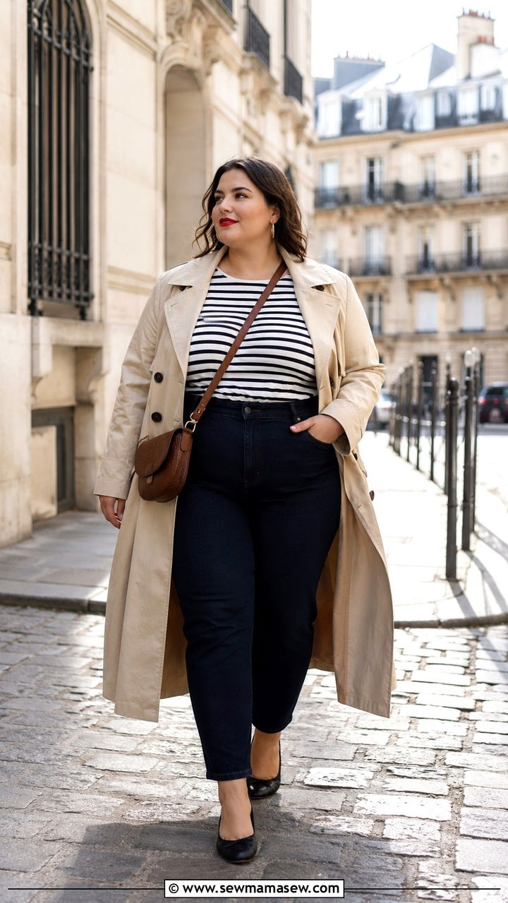 Plus Size Trench Coat With Striped Top - 30 Plus size outfit ideas with trench coat