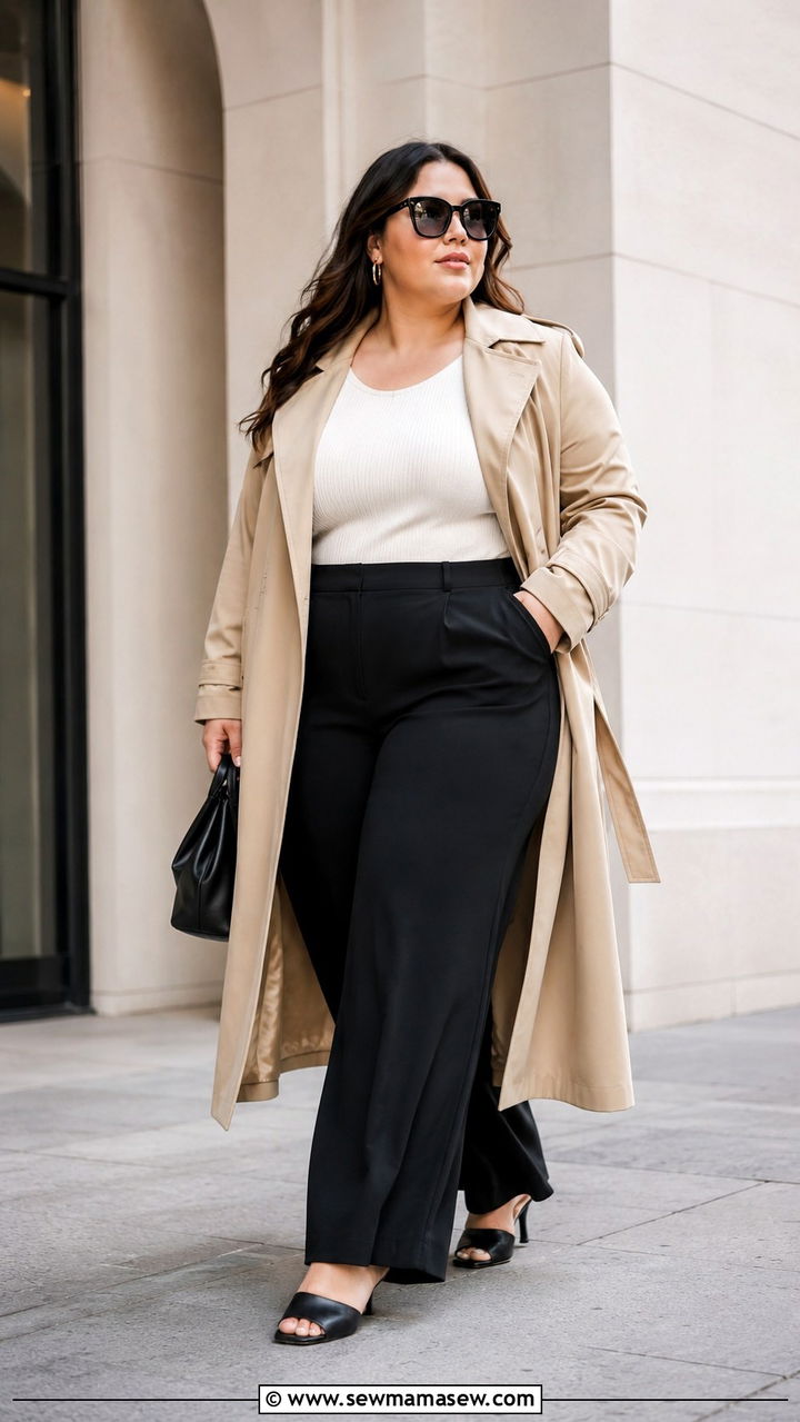 Plus Size Trench Coat With Wide Leg Pants - 30 Plus size outfit ideas with trench coat
