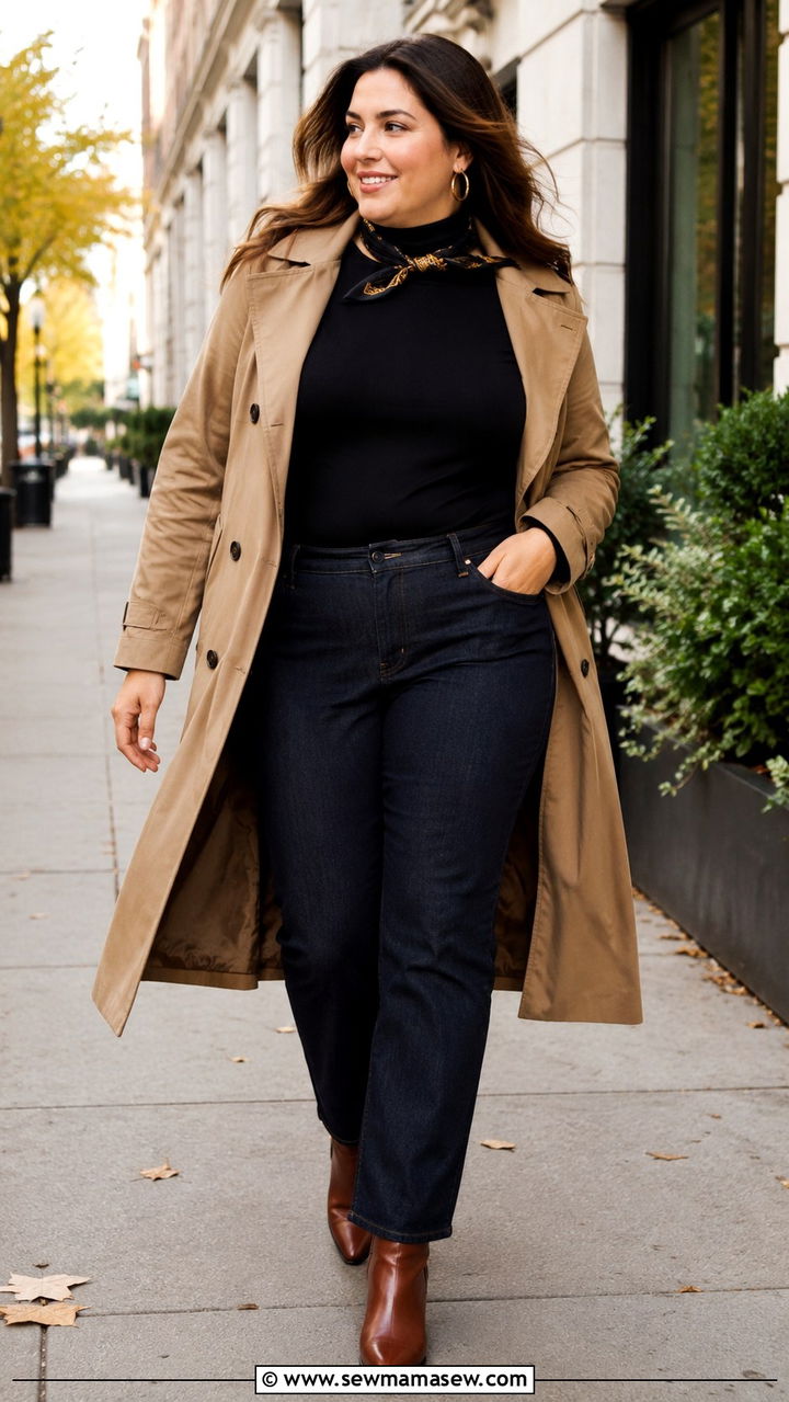 Plus Size Trench Coat and Black Turtleneck Look - 30 Old money outfit ideas plus size