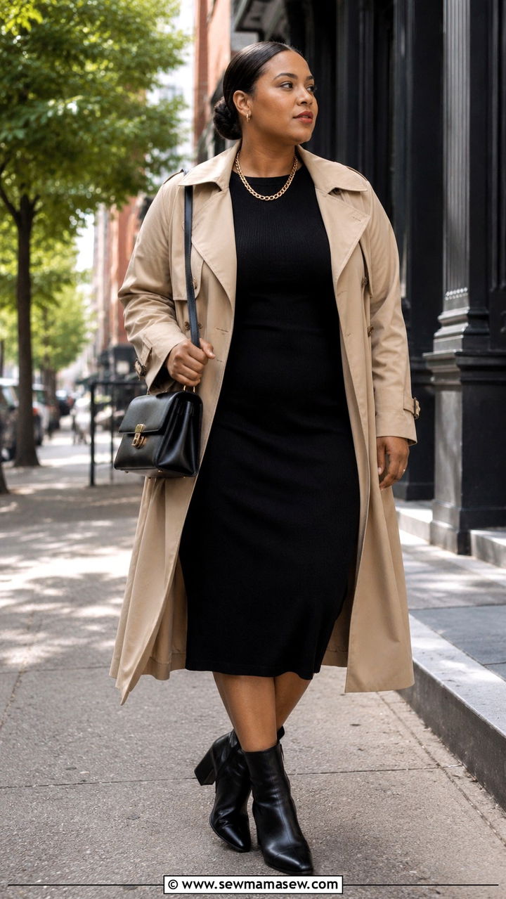 Plus Size Trench Coat with Midi Dress - 30 Plus size modest outfit ideas