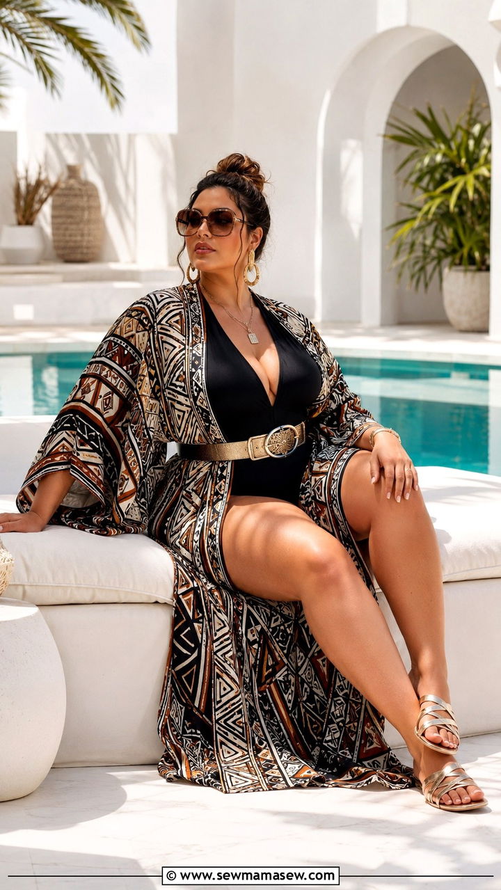 Plus Size Tribal Print Kaftan over Swimsuit Outfit - 30 Resort wear outfit ideas plus size