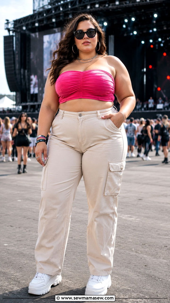 Plus Size Tube Top and Cargo Pants Outfit - 30 plus size summer concert outfit ideas
