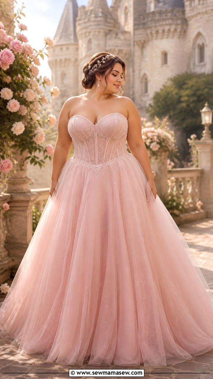 Plus Size Tulle Ball Gown With Corset Bodice And Pearl Jewelry - 40 Prom outfit ideas