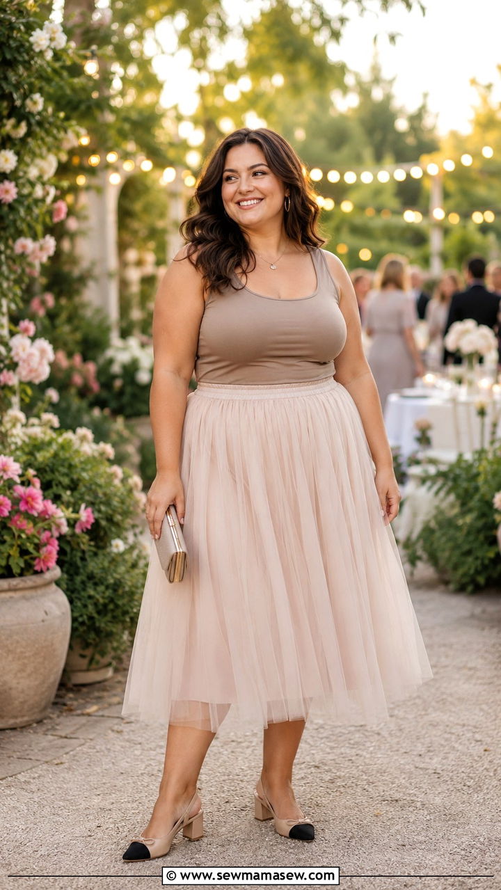Plus Size Tulle Midi Skirt and Sleek Tank Outfit - 20 Plus size outfit ideas size 12