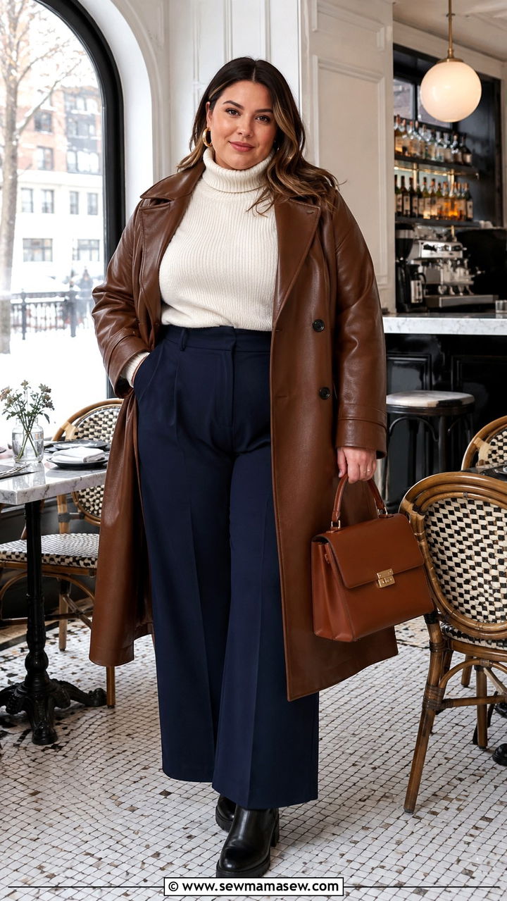 Plus Size Turtleneck Sweater With Wide Leg Trousers - 30 Plus size outfit ideas for brunch