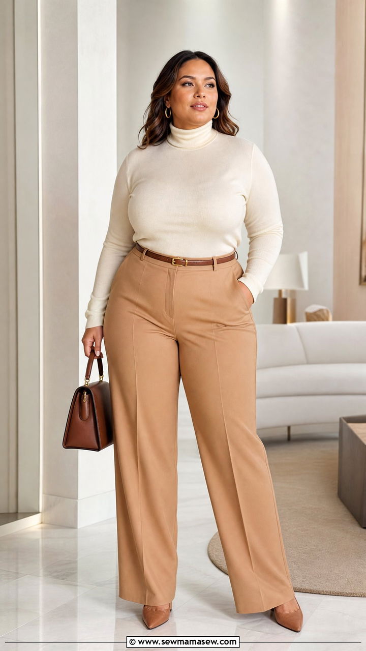Plus Size Turtleneck and Tailored Trousers Outfit - 25 Plus size outfit ideas for 12-14