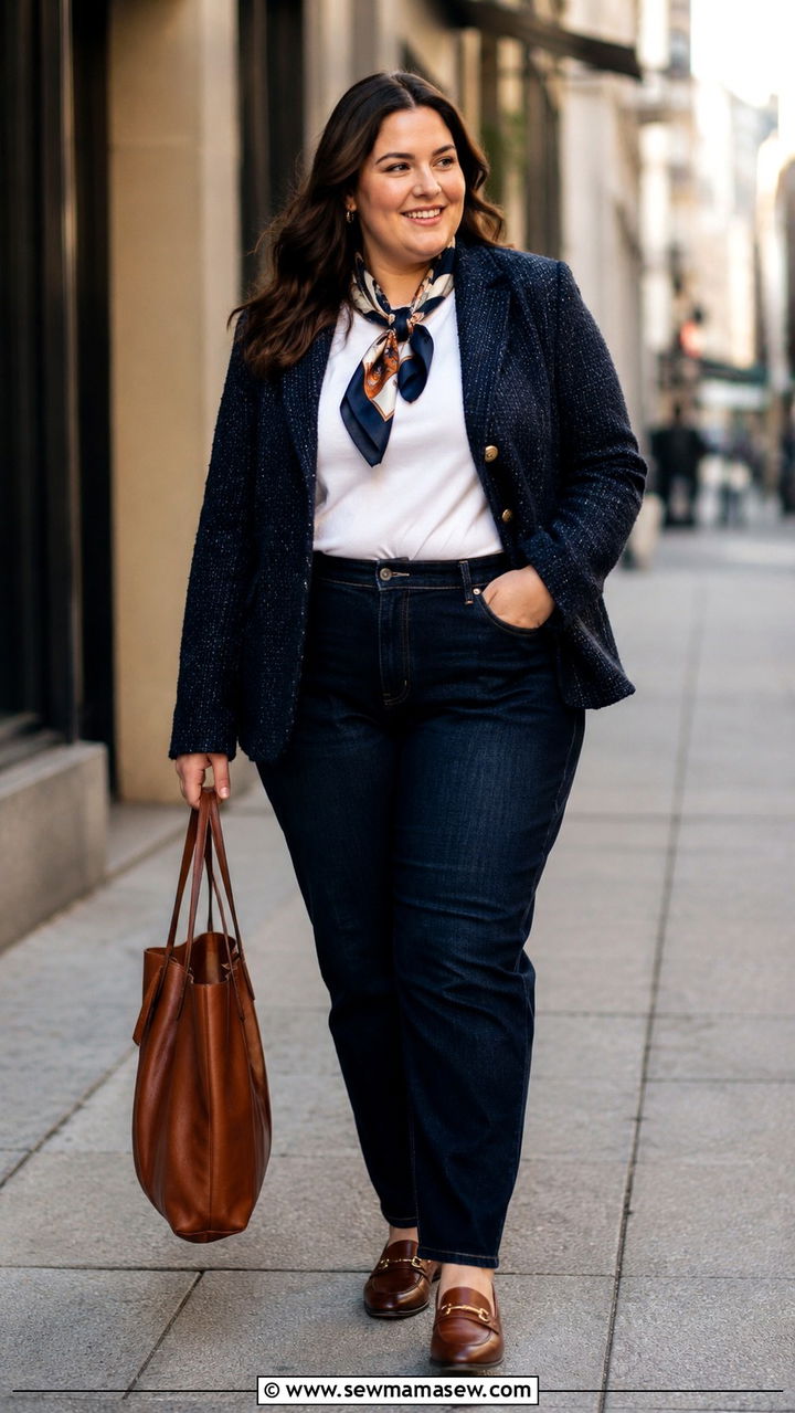 Plus Size Tweed Blazer and Dark Denim Old Money Style - 30 Old money outfit ideas plus size