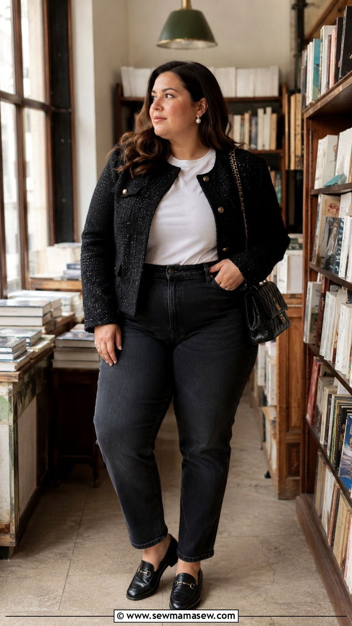 Plus Size Tweed Jacket with High Waisted Jeans and Loafers - 30 Parisian outfits plus size