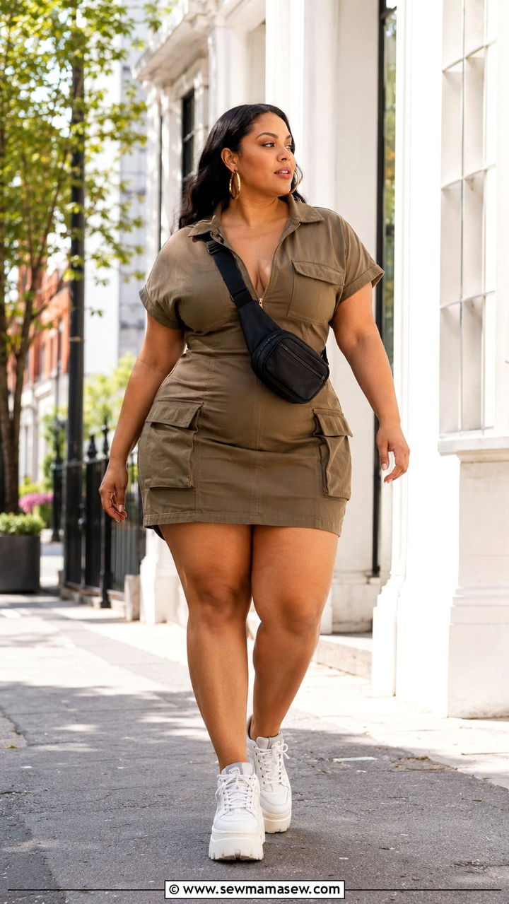 Plus Size Utility Mini Dress with Platform Sneakers Outfit - 25 Mini dress outfit ideas plus size