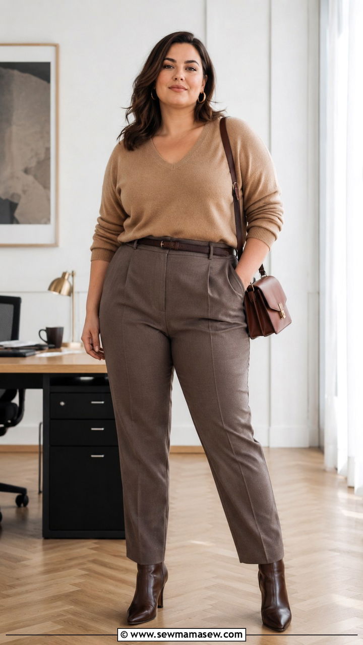 Plus Size V Neck Cashmere Sweater with High Waisted Trousers - 30 Parisian outfits plus size