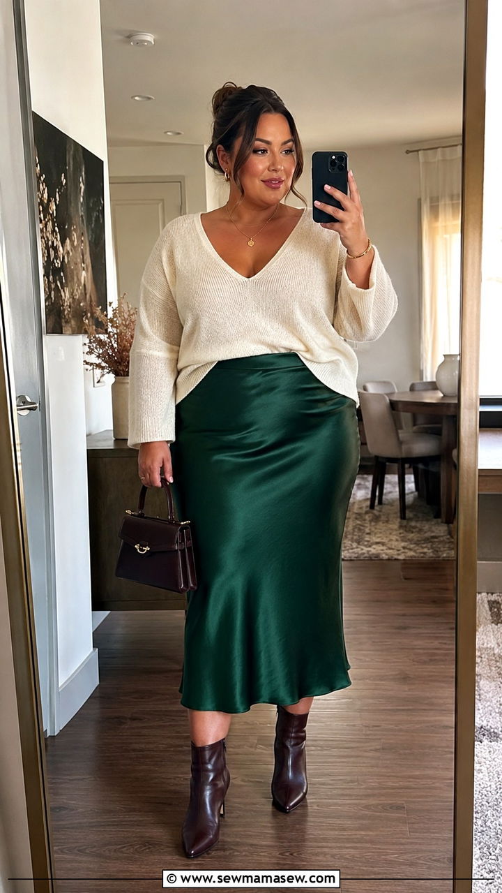 Plus Size V Neck Knit and Satin Midi Skirt Outfit - 25 Plus size capsule wardrobe 2026