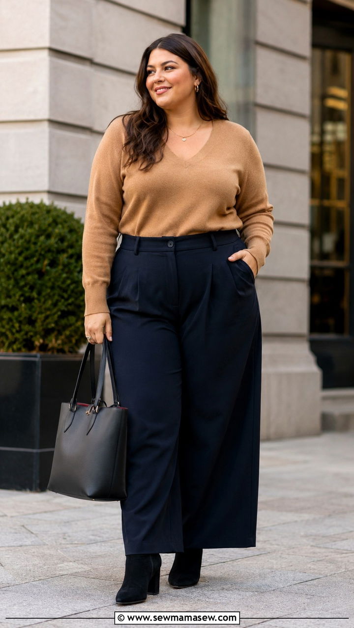 Plus Size V Neck Sweater and Wide Leg Trousers - 25 Plus size outfit ideas French girl