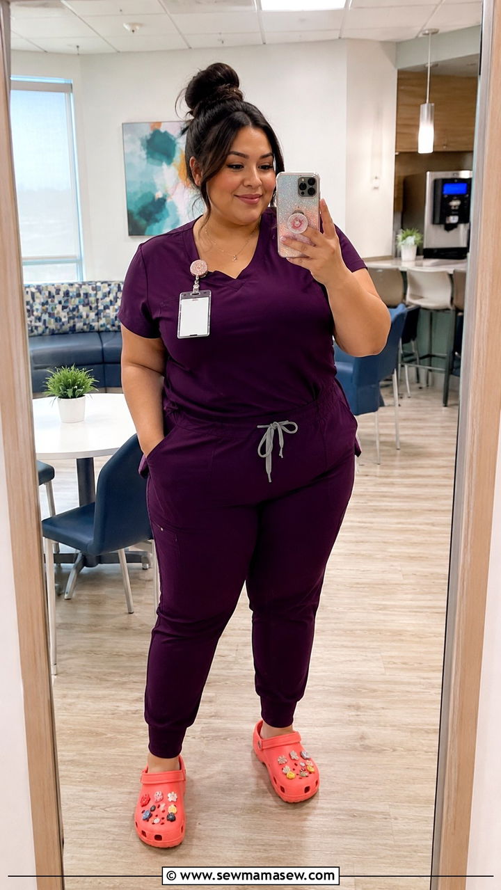 Plus Size V Neck Top With Mid Rise Joggers And Bright Crocs - 25 Pediatric nurse outfit ideas