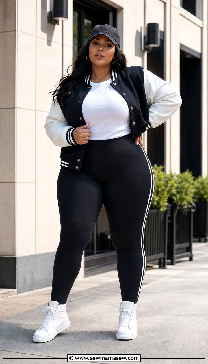Plus Size Varsity Jacket and Leggings - 25 Sporty chic outfit ideas plus size