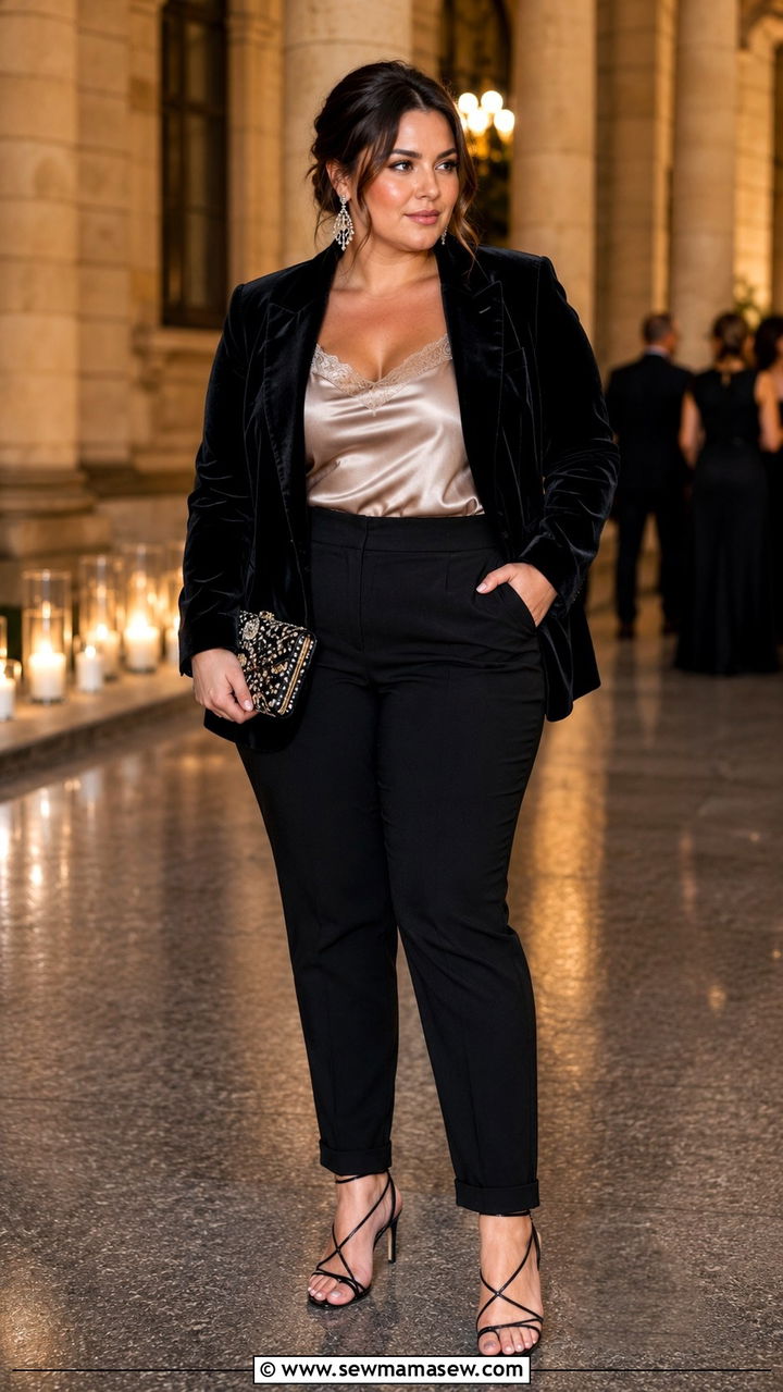 Plus Size Velvet Blazer with Slim Trousers and Silk Cami - 30 Parisian outfits plus size