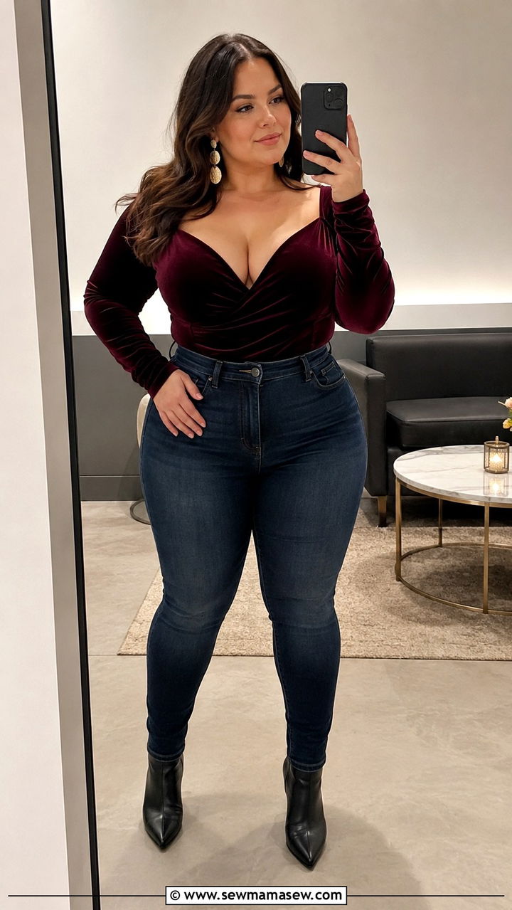 Plus Size Velvet Bodysuit And High Waisted Jeans Concert Outfit - 30 Plus size outfit ideas for concert