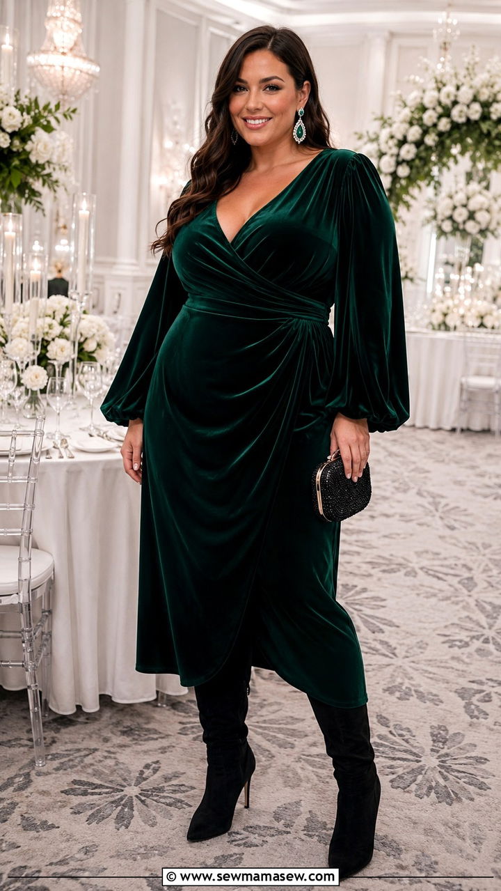 Plus Size Velvet Midi Dress With Draped Sleeves Wedding Guest Outfit - 25 Wedding guest outfit ideas size 20