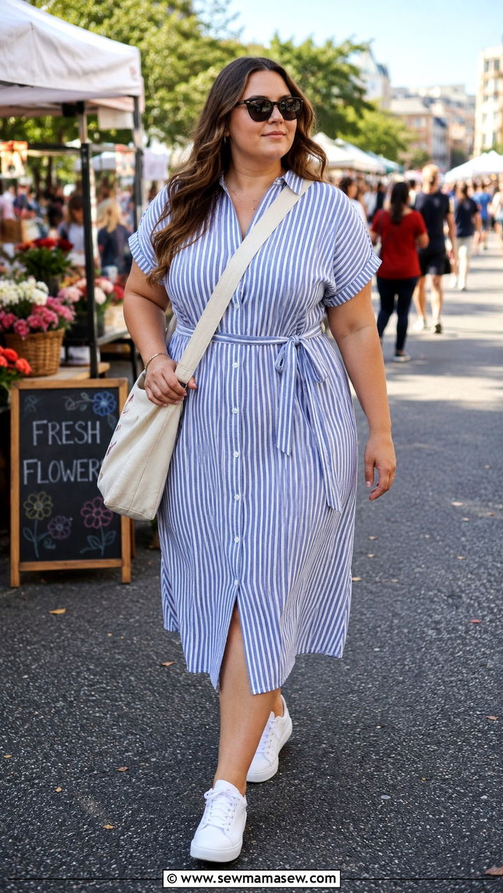 Plus Size Vertical Stripe Shirt Dress with White Sneakers - 20 Outfit ideas to hide belly fat plus size