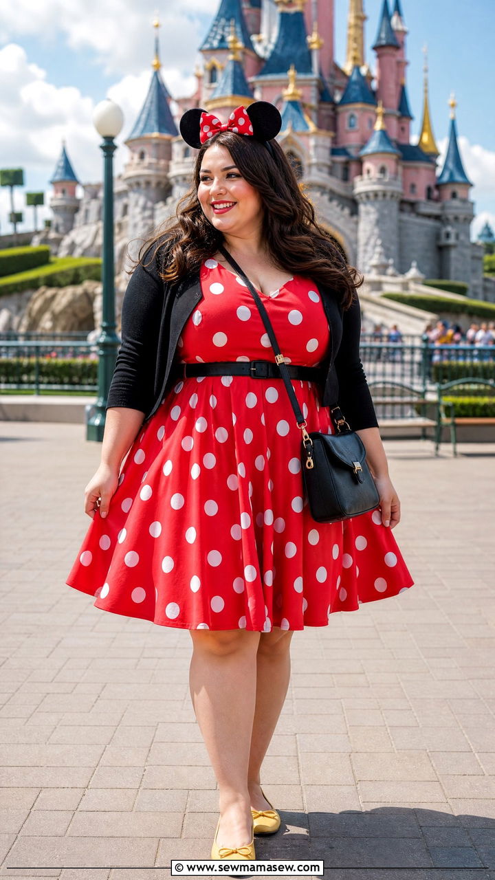 Plus Size Vintage Swing Dress and Flats Minnie Mouse Look - 30 Disneyland Paris outfit ideas