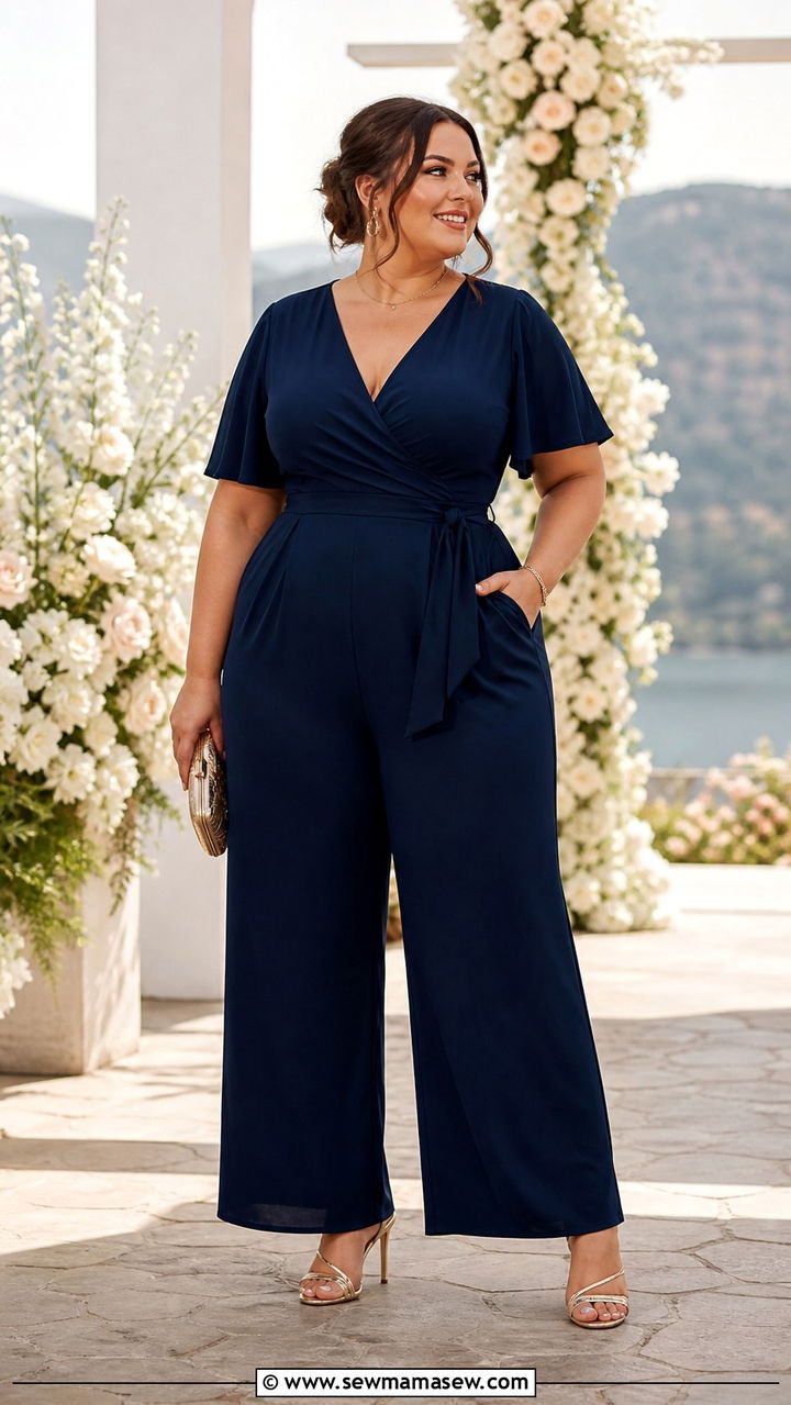 Plus Size Wedding Guest Outfit with Jumpsuit and Heels - 40 Plus size outfit ideas
