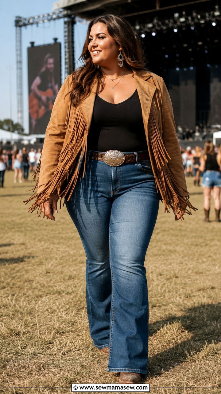 Plus Size Western Fringe Jacket And Denim Concert Outfit - 30 Plus size outfit ideas for concert