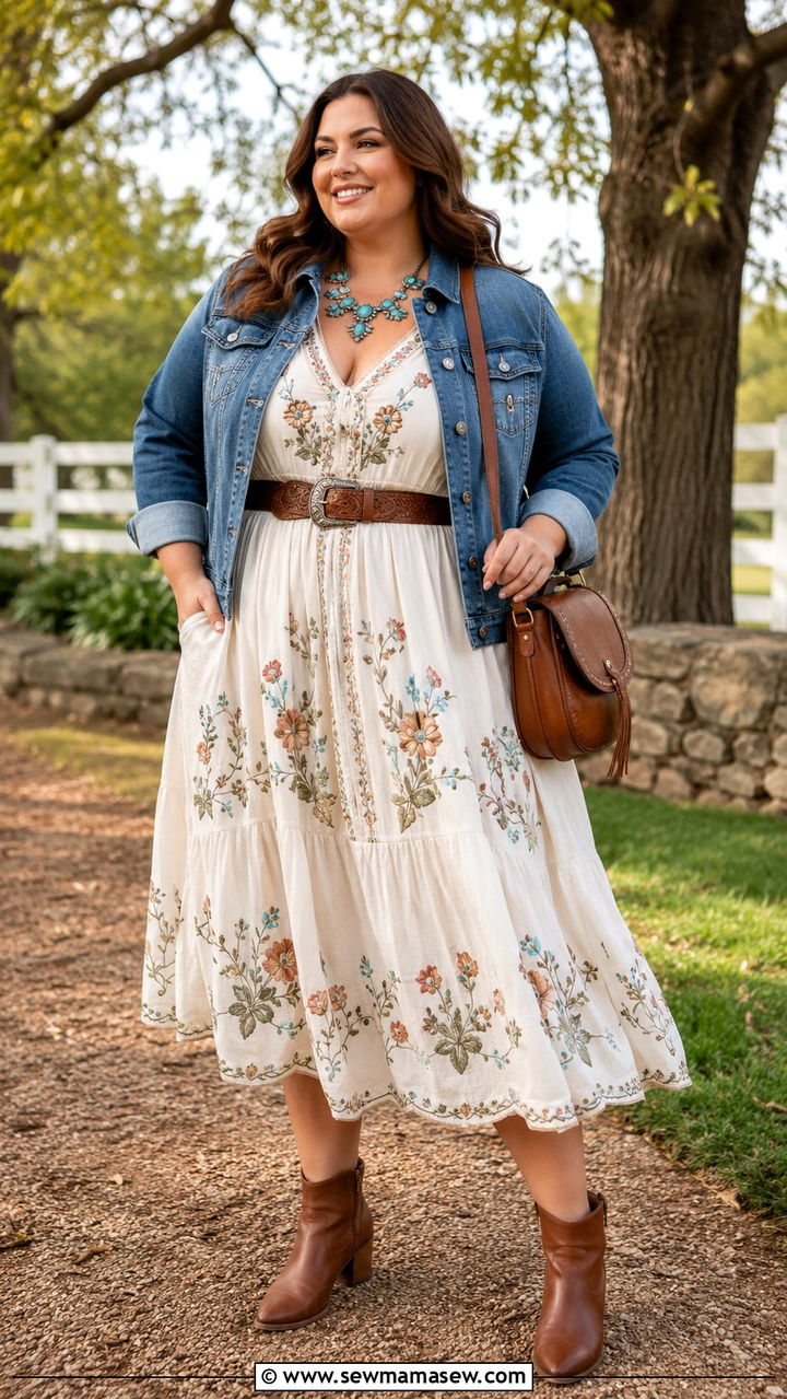 Plus Size Western Midi Dress with Ankle Boots - 30 Luke Combs concert outfit ideas