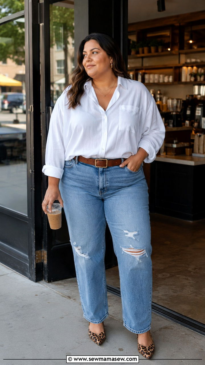 Plus Size White Button Down Shirt and Distressed Jeans Outfit - 25 Photoshoot outfits for plus size